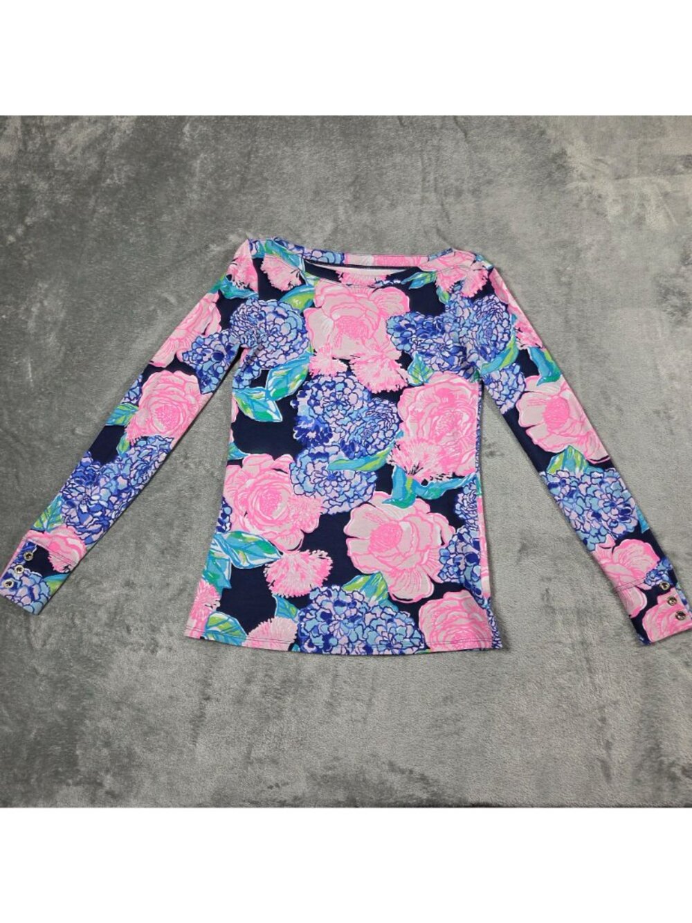 Lilly Pulitzer Top Womens XS Aleah High Tide Navy Hey Hey Pink Bouquet Preppy